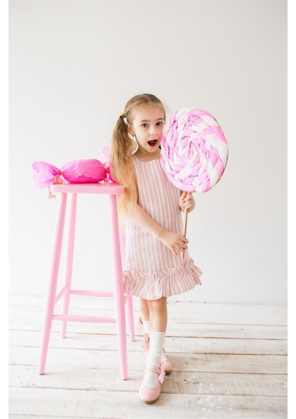 Çiçek Detaylı Çizgili Kız Çocuk Elbise Pembe