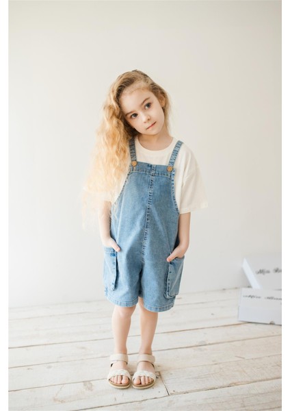 Unisex Kargo Cepli Kot Salopet Mavi