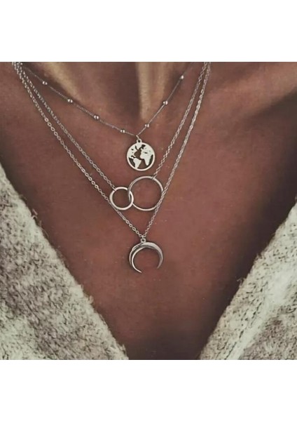 Ay, Dünya ve Çember Simgeleri ile Vintage Boho Katmanlı Kolye