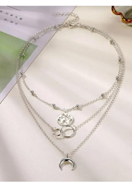Ay, Dünya ve Çember Simgeleri ile Vintage Boho Katmanlı Kolye