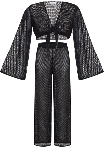 File Siyah Crop Top-Pantolon Takım