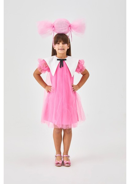 Fuşya Sivri Yakalı Kız Çocuk Tül Elbise - Nicole