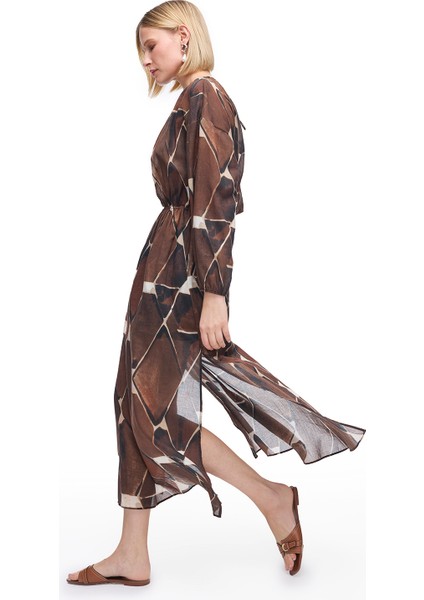 Kahverengi Ledas Rahat Kalıp Geometrik Uzun Boy Elbise fiyatları