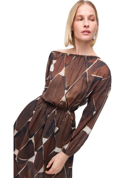 Kahverengi Ledas Rahat Kalıp Geometrik Uzun Boy Elbise modelleri