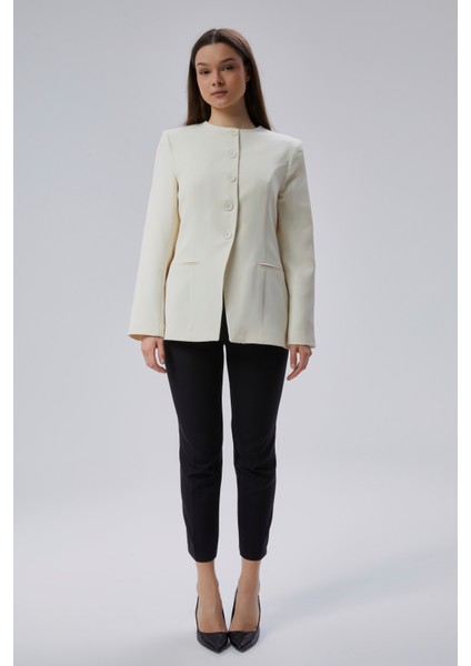Ekru Bisiklet Yaka Regular Dokuma Ceket