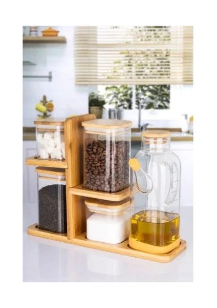 Bambu Standlı Cam Erzak ve Yağlık Seti