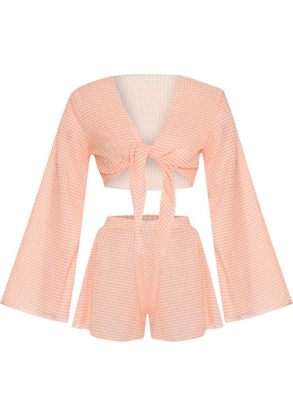 Pötikareli Gofre Oranj Crop Top-Şort Takım