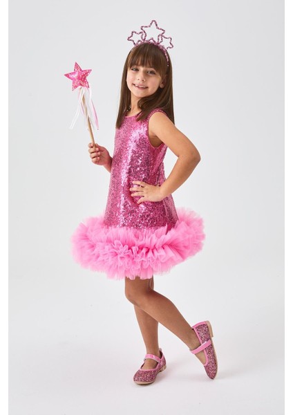 Fuşya Etek Ucu Tüllü Pullu Kız Çocuk Elbise - Evie