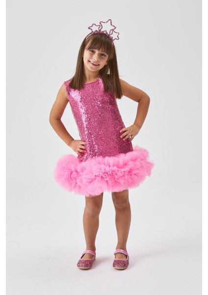 Fuşya Etek Ucu Tüllü Pullu Kız Çocuk Elbise - Evie fiyatları