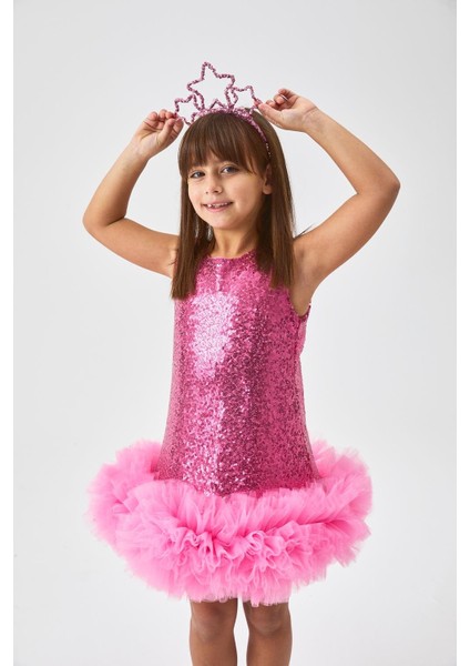 Fuşya Etek Ucu Tüllü Pullu Kız Çocuk Elbise - Evie fırsatları