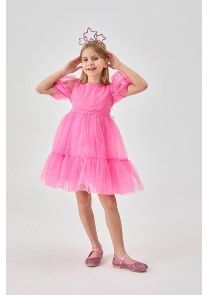 Pembe Eteği Fırfırlı Kemerli Kız Çocuk Tül Elbise - Casey