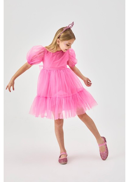 Pembe Eteği Fırfırlı Kemerli Kız Çocuk Tül Elbise - Casey modelleri