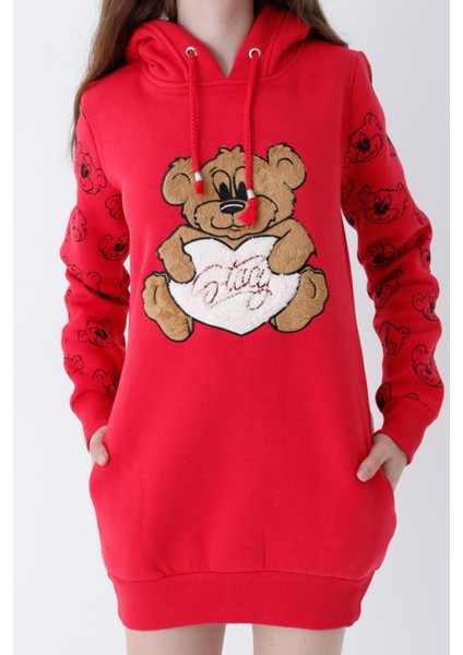 Genç Kız Kırmızı Ayıcıklı Desenli Kapüşonlu Pamuklu Sweatshirt