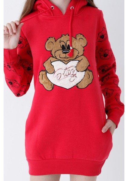 Genç Kız Kırmızı Ayıcıklı Desenli Kapüşonlu Pamuklu Sweatshirt fiyatları