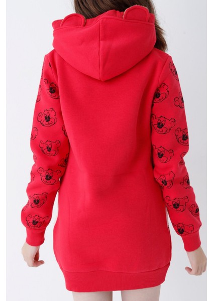 Genç Kız Kırmızı Ayıcıklı Desenli Kapüşonlu Pamuklu Sweatshirt modelleri