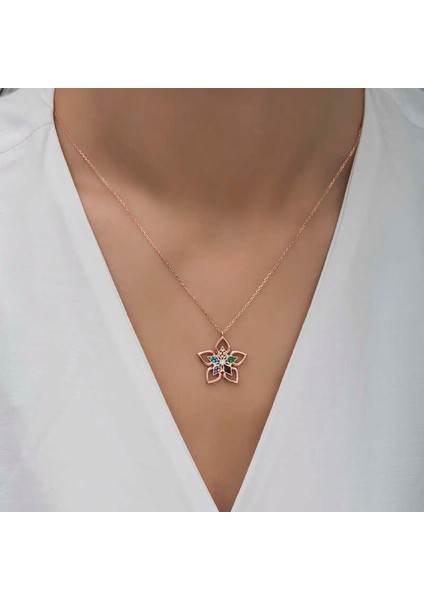 ​Gümüş Rose Renkli Taşlı Çiçek Kadın Kolye