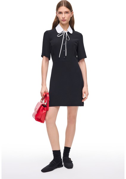 Siyah Kısa Kollu Düğmeli Viskoz Elbise