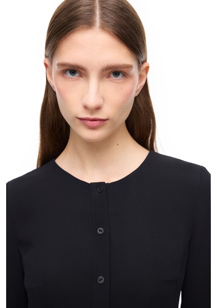 Siyah Kısa Kollu Düğmeli Viskoz Elbise modelleri