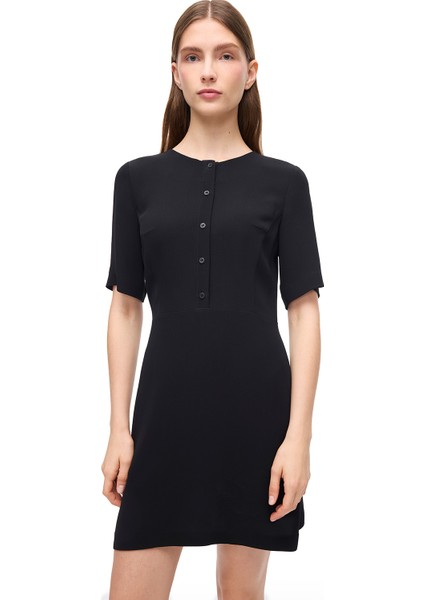 Siyah Kısa Kollu Düğmeli Viskoz Elbise fırsatları