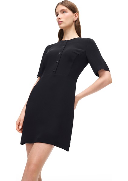 Siyah Kısa Kollu Düğmeli Viskoz Elbise indirimleri
