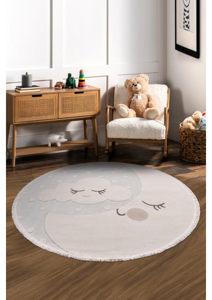 Ay ve Bulut Desenli Yuvarlak Çocuk Halısı – Dayanıklı, Kaymaz Pamuk Dokuma Tabanlı Halı (Oyun & Çocuk Odası İçin Uygun)