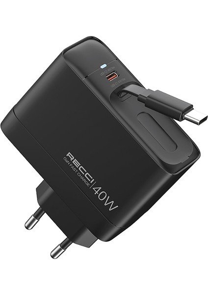 Gan Teknolojili Hızlı Şarj Başlığı Recci RC102E Usb-A To Type-C Pd 40W Type-C Kablolu Şarj Set Siyah