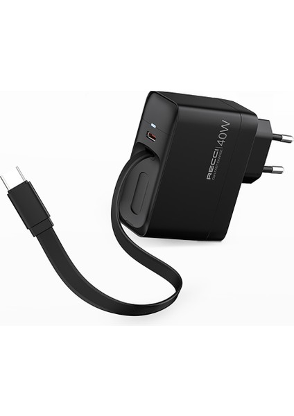 Gan Teknolojili Hızlı Şarj Başlığı Recci RC102E Usb-A To Type-C Pd 40W Type-C Kablolu Şarj Set Siyah
