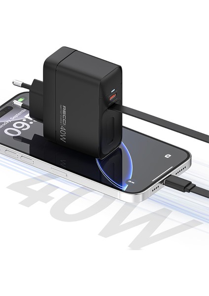 Gan Teknolojili Hızlı Şarj Başlığı Recci RC102E Usb-A To Type-C Pd 40W Type-C Kablolu Şarj Set Siyah