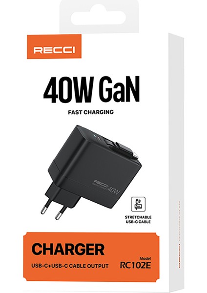 Gan Teknolojili Hızlı Şarj Başlığı Recci RC102E Usb-A To Type-C Pd 40W Type-C Kablolu Şarj Set Siyah