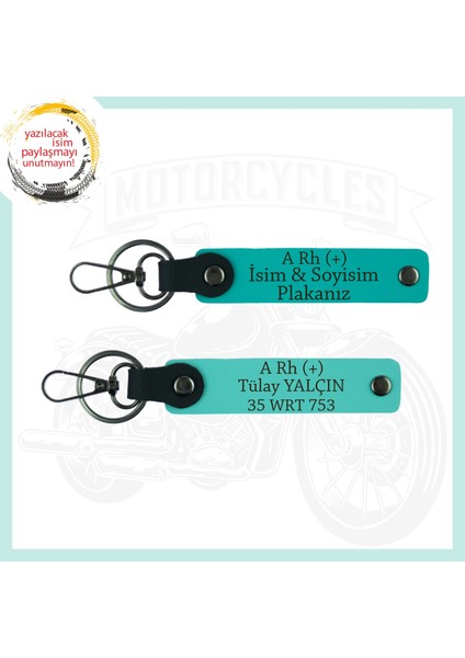 Koyu Turkuaz-Turkuaz, Motosiklet Severlere, Isim Plaka ve A+ Kan Grubu Yazılı Acil Durum Anahtarlık