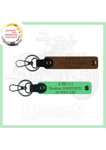 Açık Kahve-Fıstık Yeşil, Bikerlar Için, Isim Plaka ve Kan Grubu Yazılı Özel Tasarım Anahtarlık Set