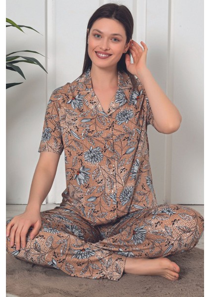 Kısa Kollu Kahverengi Desenli Önden Düğmeli Kısa Kol Kadın Pijama Takımı