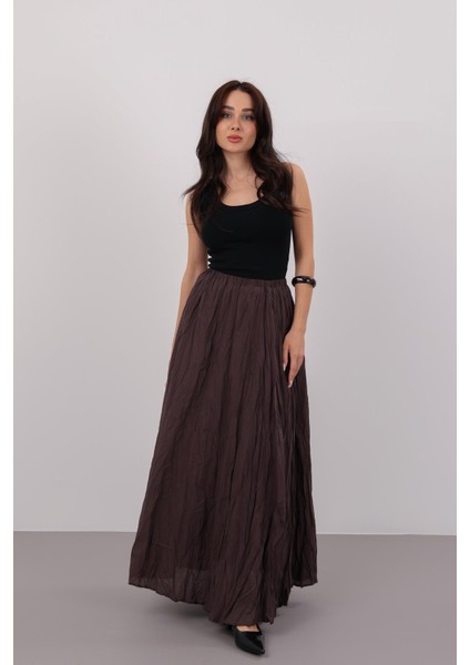 Kadın Kahverengi Beli Lastikli Midi Etek