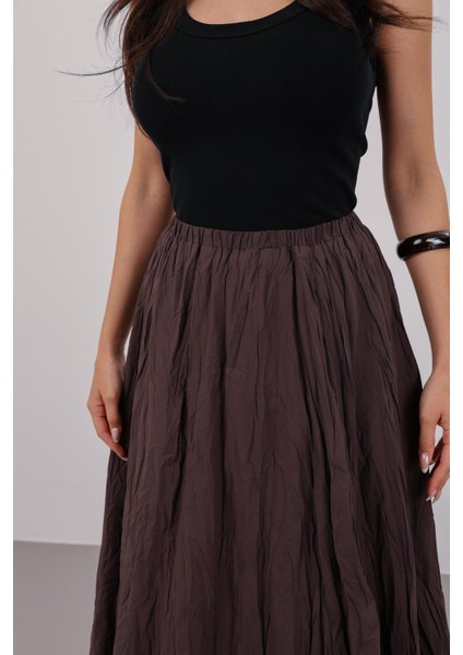 Kadın Kahverengi Beli Lastikli Midi Etek
