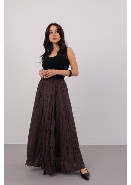 Kadın Kahverengi Beli Lastikli Midi Etek