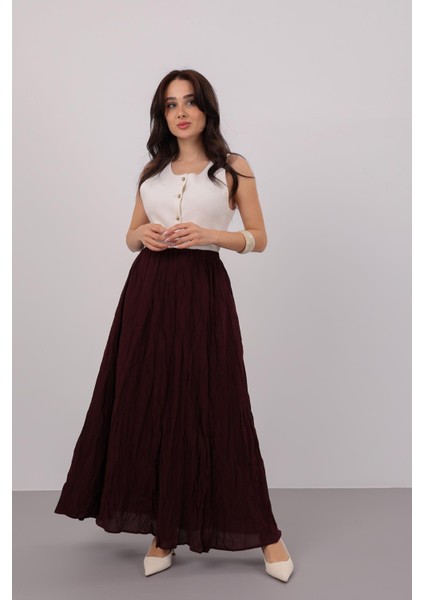Kadın Bordo Beli Lastikli Midi Etek