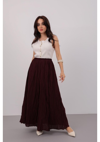 Kadın Bordo Beli Lastikli Midi Etek