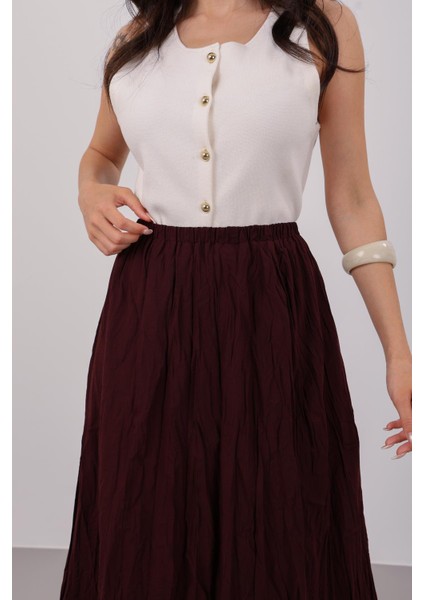 Kadın Bordo Beli Lastikli Midi Etek