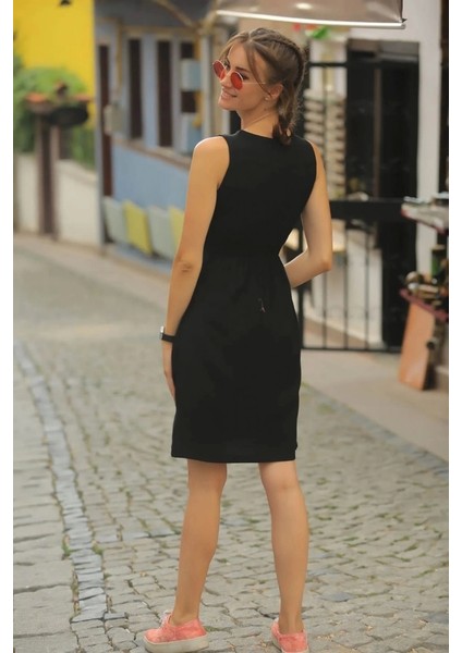 Kadın V Yakalı Önden Düğme Detay Beli Lastikli Keten Kısa Elbise fiyatları