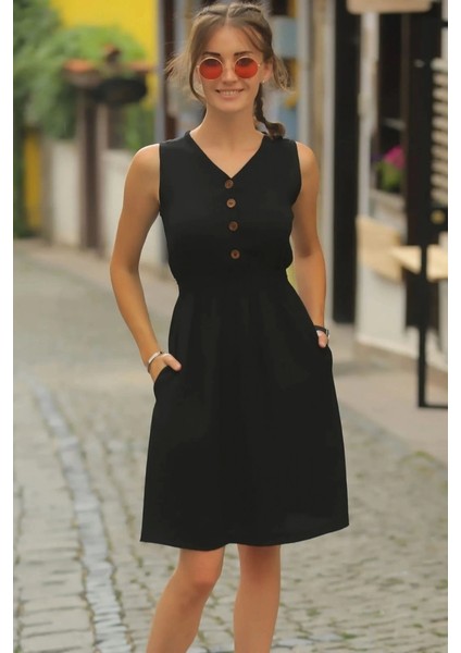 Kadın V Yakalı Önden Düğme Detay Beli Lastikli Keten Kısa Elbise modelleri