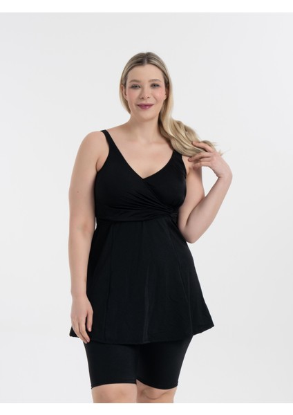 Kadın Siyah Büyük Beden Kruvaze Taytlı Toparlayıcı Elbise Mayo
