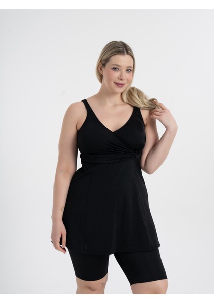 Kadın Siyah Büyük Beden Kruvaze Taytlı Toparlayıcı Elbise Mayo modelleri