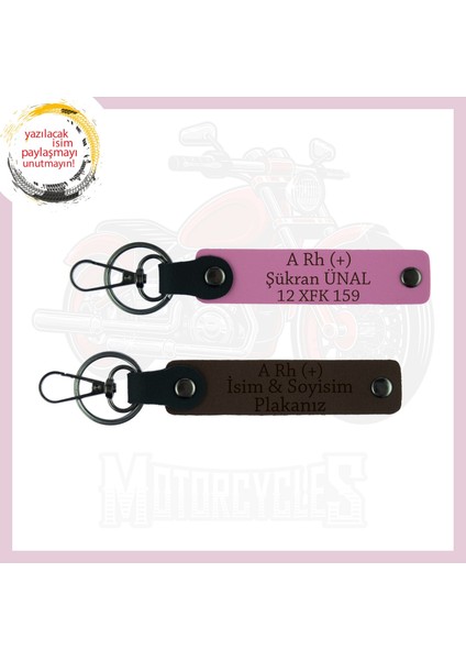 Koyu Kahve-Pembe, Motosiklet Aşıklarına, Isim Plaka ve Kan Grubu Yazılı Acil Durum Anahtarlığı