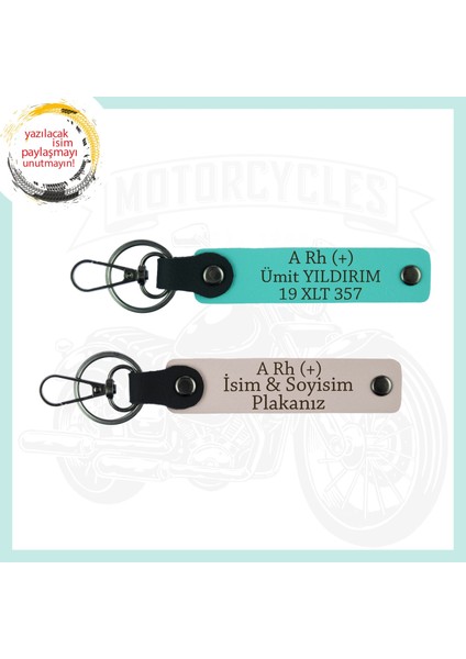 Pudra-Turkuaz, Motorcu Yolculara Özel, İsim Plaka ve A Rh (+) Kan Grubu Yazılı Deri 2'li Anahtarlık