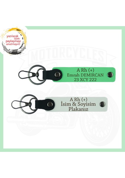 Beyaz-Fıstık Yeşil, Motorcu Arkadaşlara, İsim Plaka ve A RH+ Kan Grubu Yazılı Acil Durum Anahtarlığı