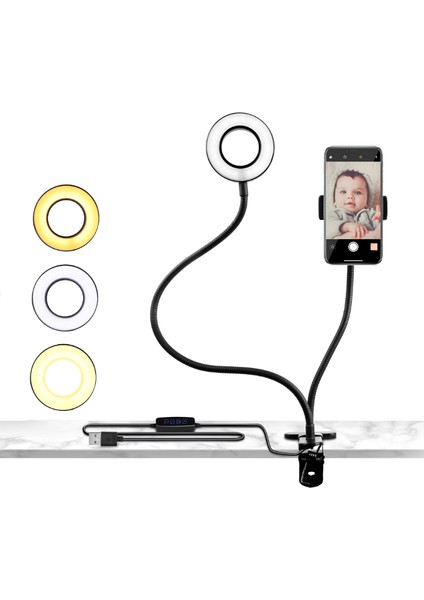 Telefon Tutucu Tripod Canlı Yayın Youtuber Tripot Live 3 Renk LED Işıklı Ayarlanbilir USB Masa Lambası Metal Ayaklı Kıskaçlı