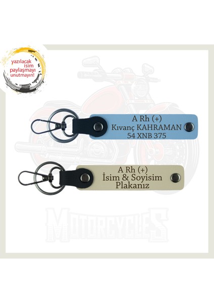 Gök Mavi-Sütlü Kahve, Motorcu Tarzına Uygun, Isim Plaka ve Kan Grubu Yazılı Güvenli Sürüş Anahtarlık