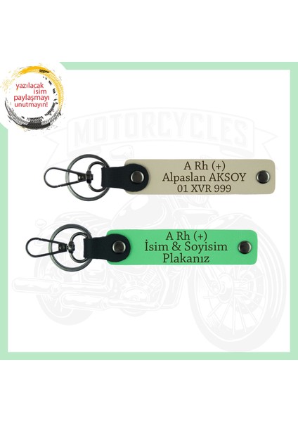 Sütlü Kahve-Fıstık Yeşil, Motorcu Tarzı Plakalı & İsimli Deri 2'li Anahtarlık, A Rh (+) Kan Grubu ile