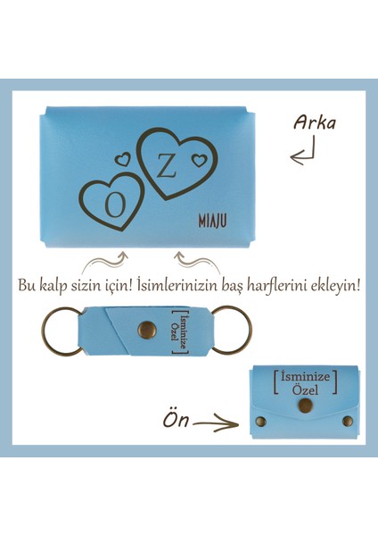 Açık Yeşil, Isim ve Kalp Işlemeli Kişiye Özel Cüzdan ve Anahtarlık Seti, Sevgiliye Romantik Hediye