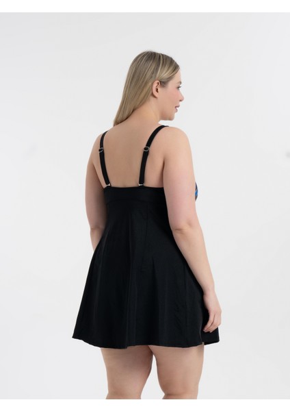 Kadın Büyük Beden Siyah Mavi Turuncu Desen Toparlayıcı Ara Biyeli Ayar Askılı Şık Elbise Mayo fırsatları